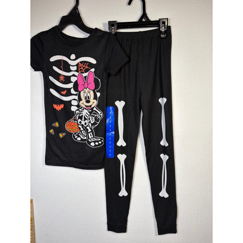 Disney Pajama Set Girls Size 7 Black New Minnie Mouse Skeleton Halloween Bone